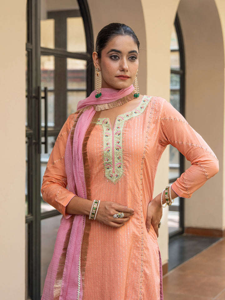 Peach A-Line Embroidered Kurta Paired With Matching Pants & Dupatta