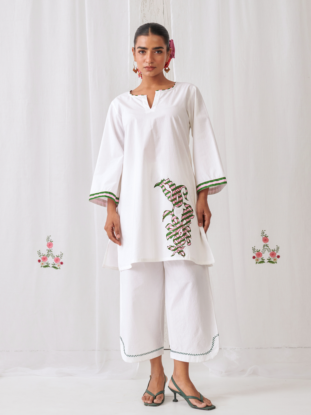 White Short Kurta With Embroidery Paired With Matching Pants With Curved Hemline