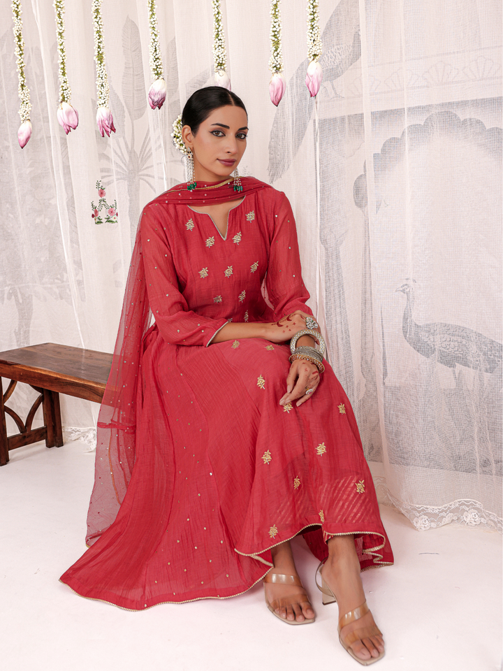 Red Anarkali Set With Embroidered Bootis