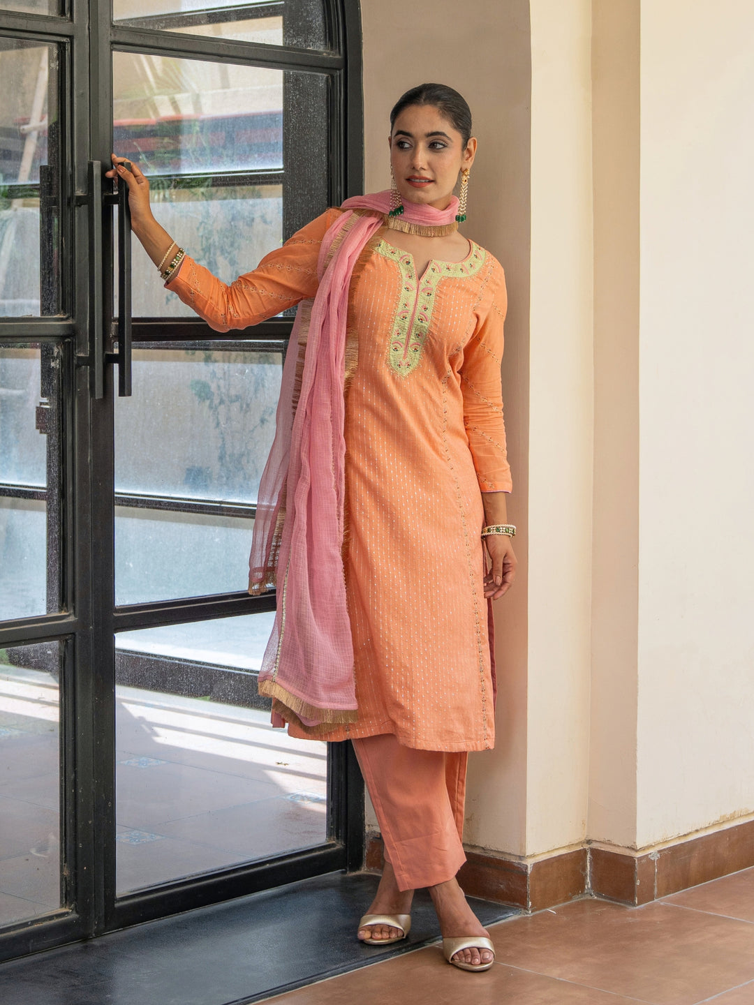 Peach A-Line Embroidered Kurta Paired With Matching Pants & Dupatta