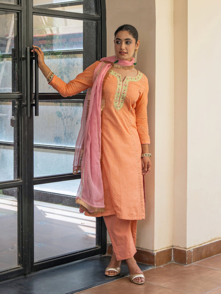 Peach A-Line Embroidered Kurta Paired With Matching Pants & Dupatta