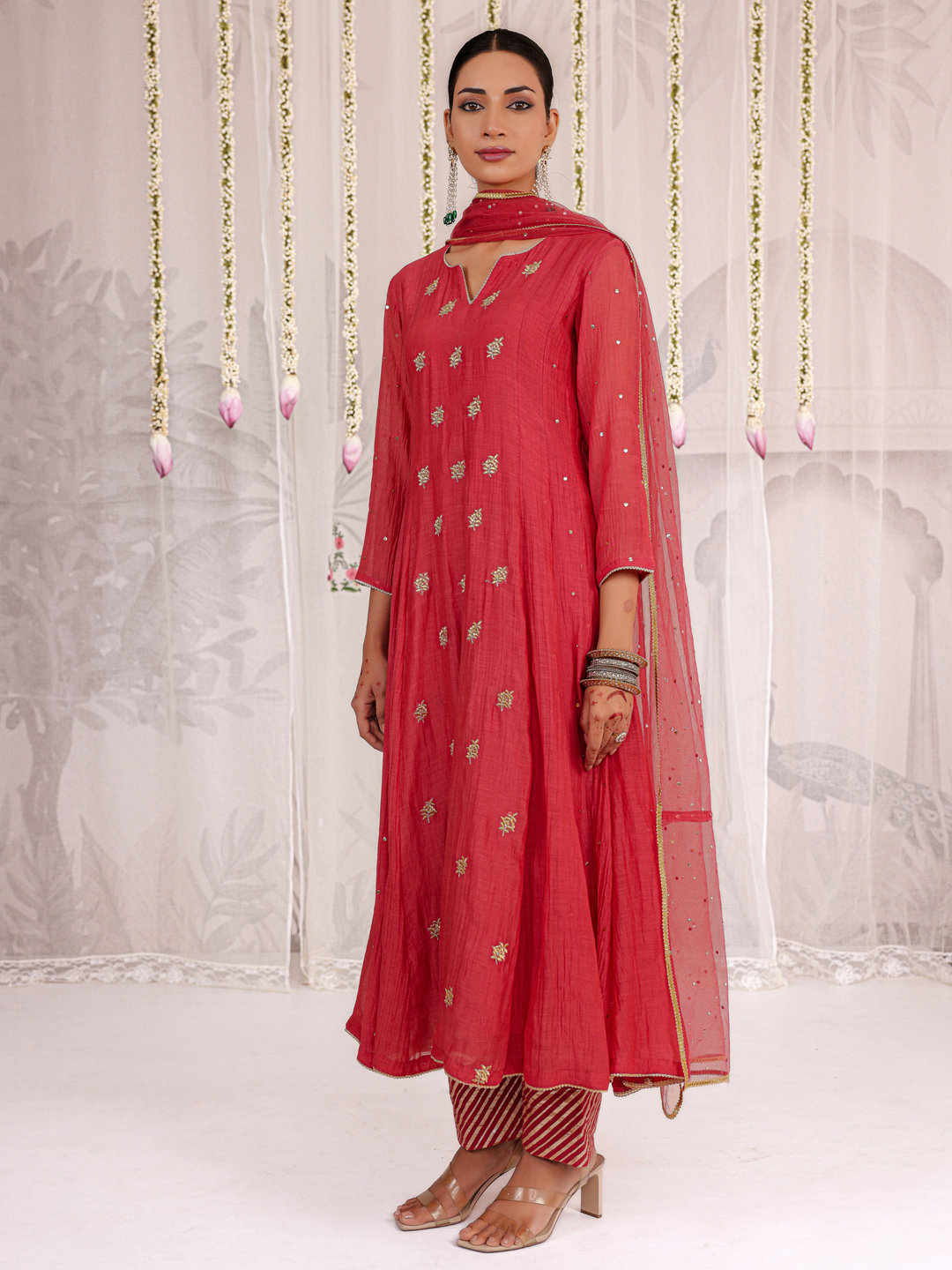 Red Anarkali Set With Embroidered Bootis