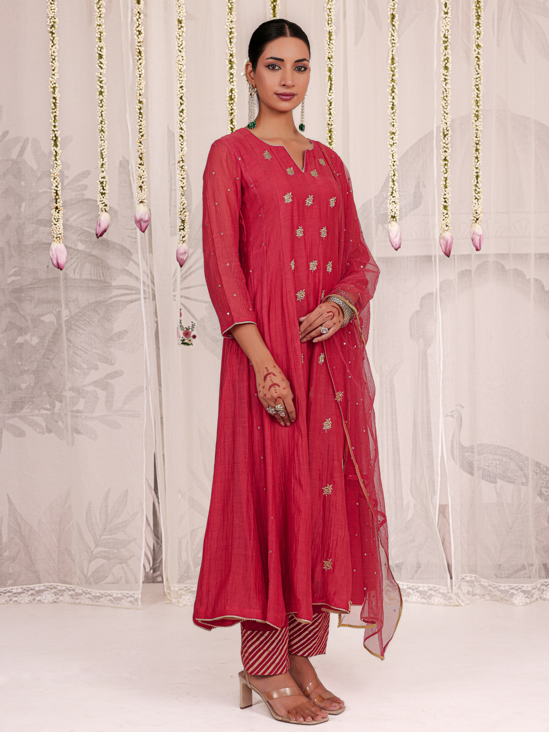 Red Anarkali Set With Embroidered Bootis