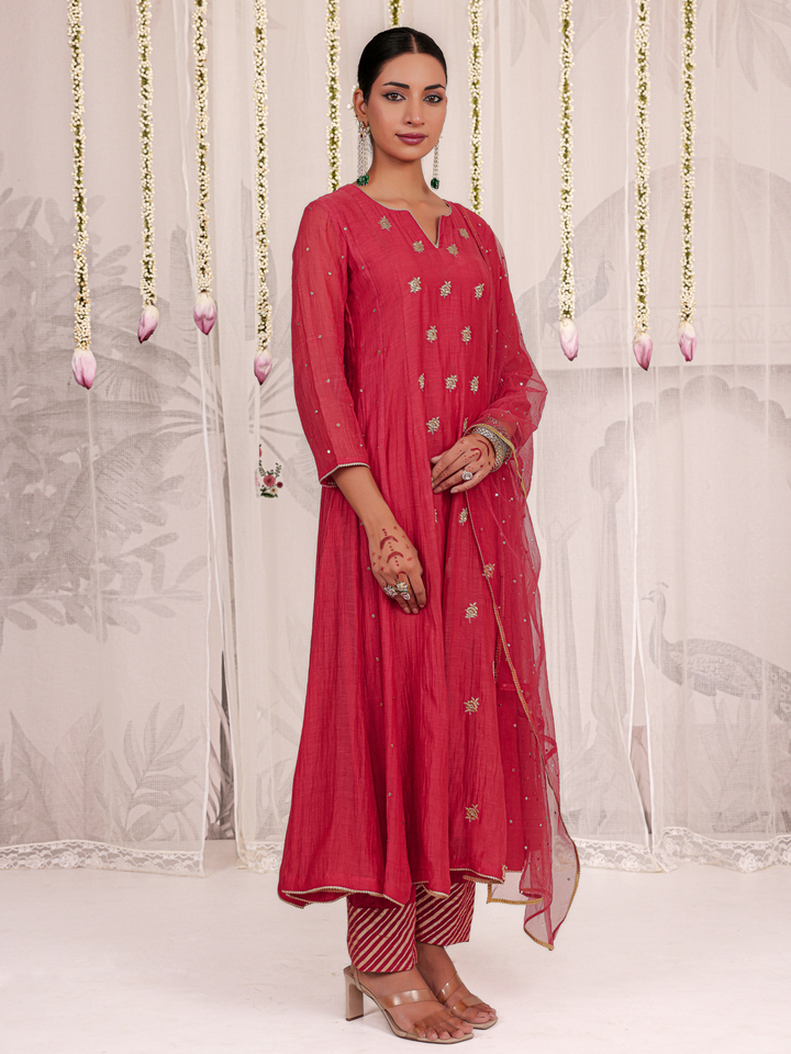 Red Anarkali Set With Embroidered Bootis