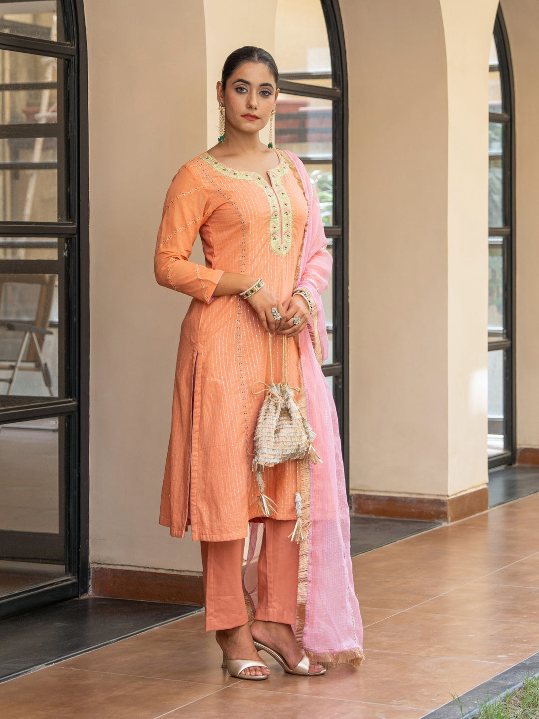 Peach A-Line Embroidered Kurta Paired With Matching Pants & Dupatta