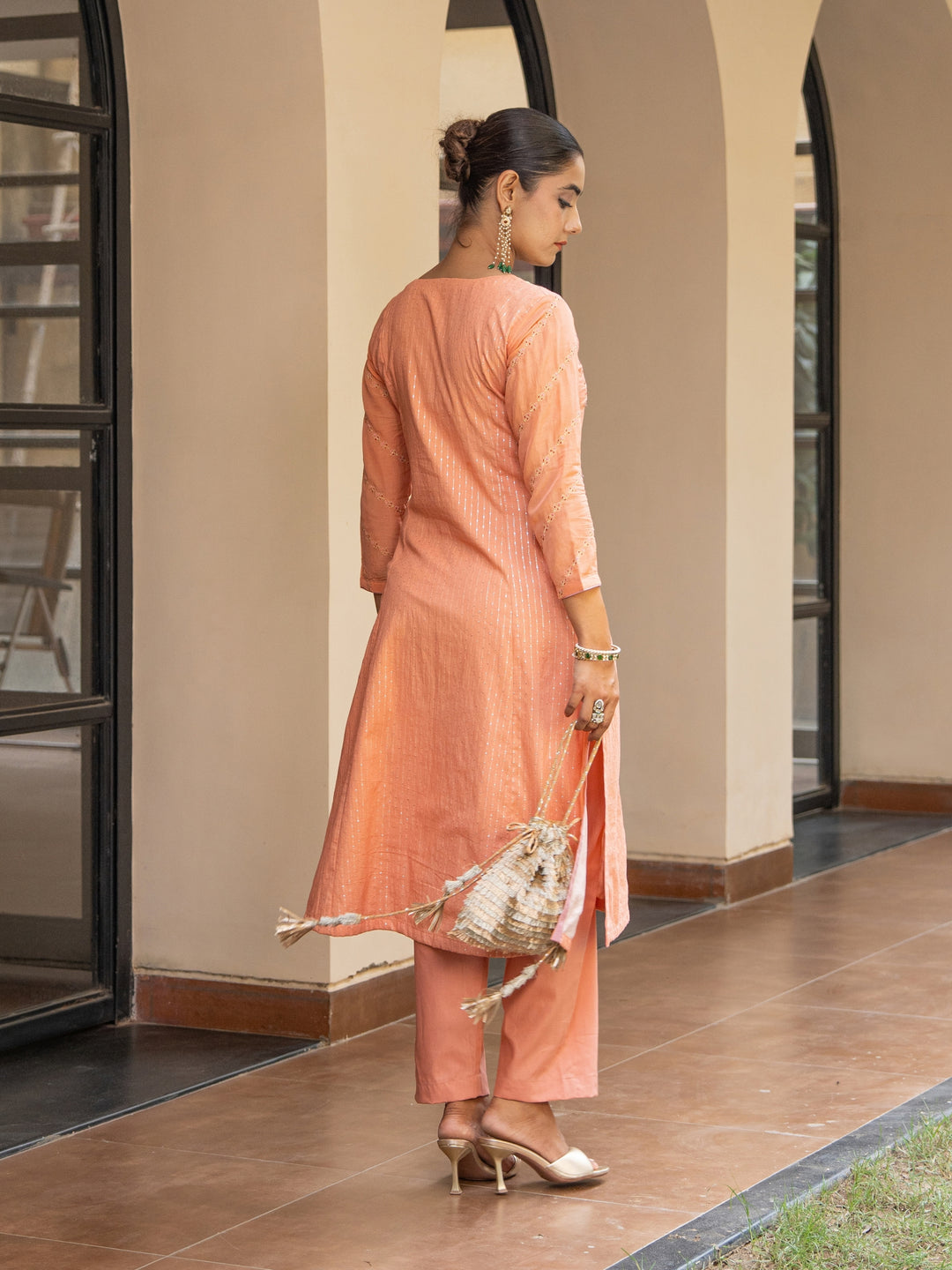 Peach A-Line Embroidered Kurta Paired With Matching Pants & Dupatta