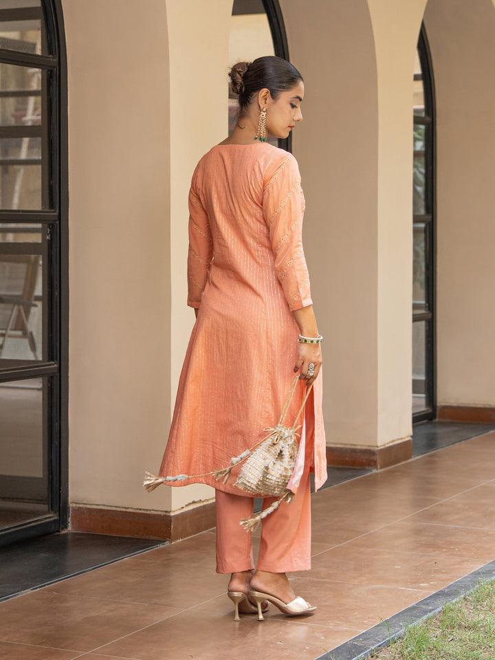 Peach A-Line Embroidered Kurta Paired With Matching Pants & Dupatta