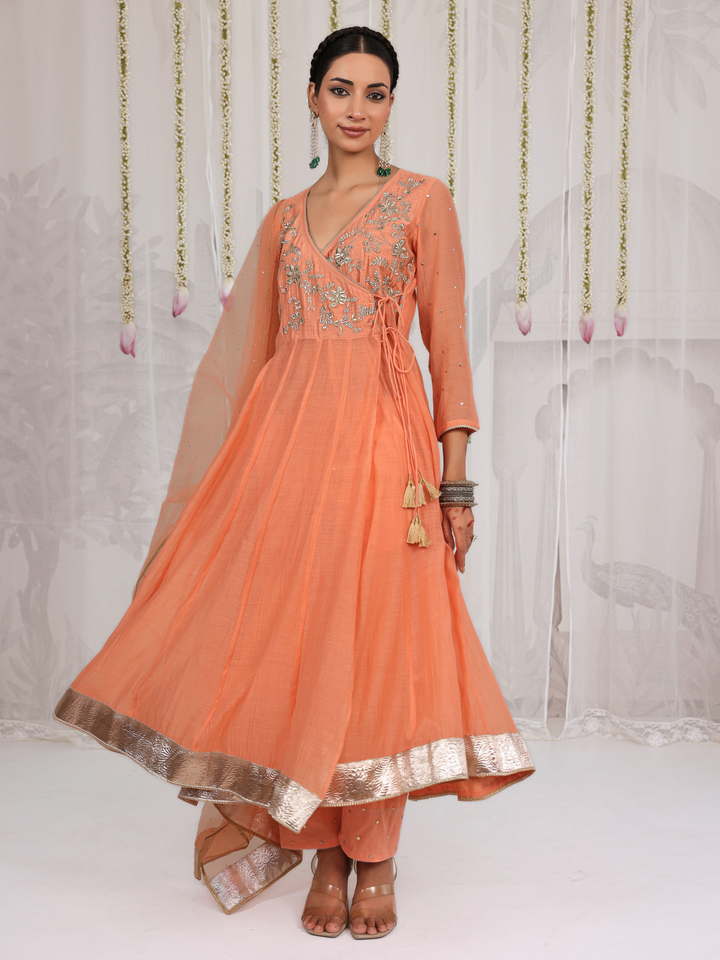 Peach Angarakha With Embroidered Yoke