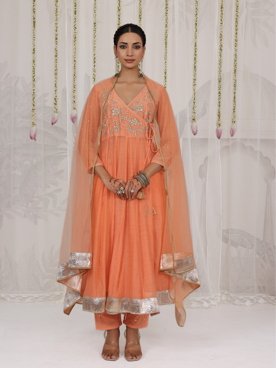 Peach Angarakha With Embroidered Yoke