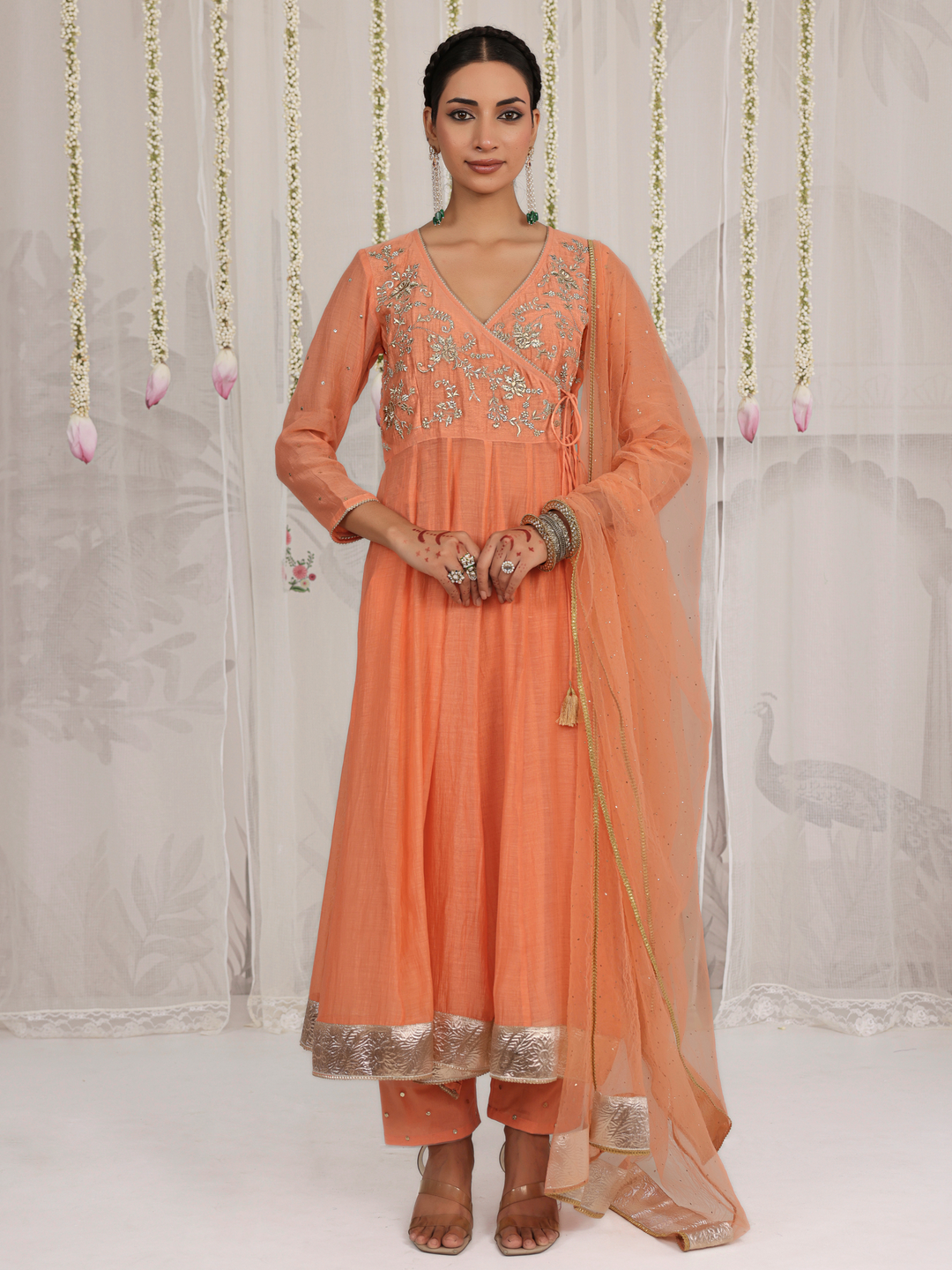 Peach Angarakha With Embroidered Yoke