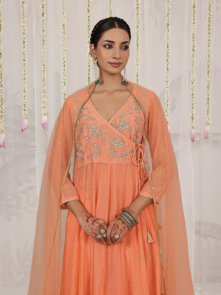 Peach Angarakha With Embroidered Yoke