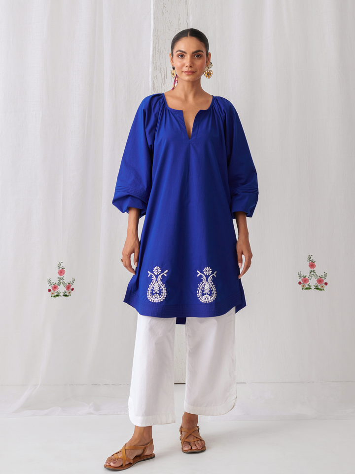 Royal Blue Gathered Short Kurta Paired With Curved  Hem White Pants