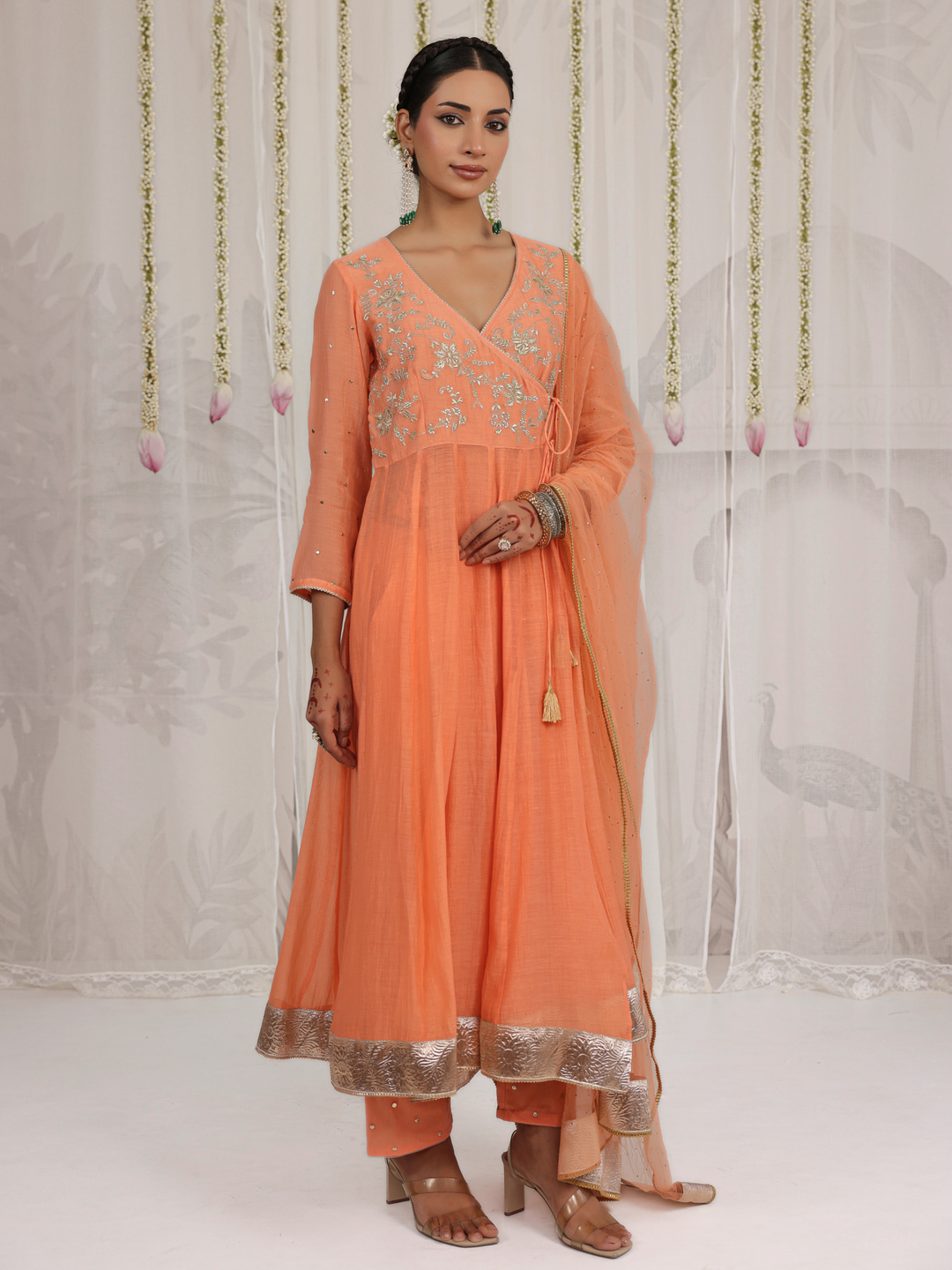 Peach Angarakha With Embroidered Yoke
