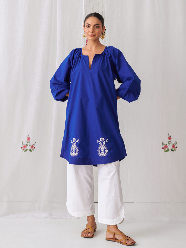 Royal Blue Gathered Short Kurta Paired With Curved  Hem White Pants