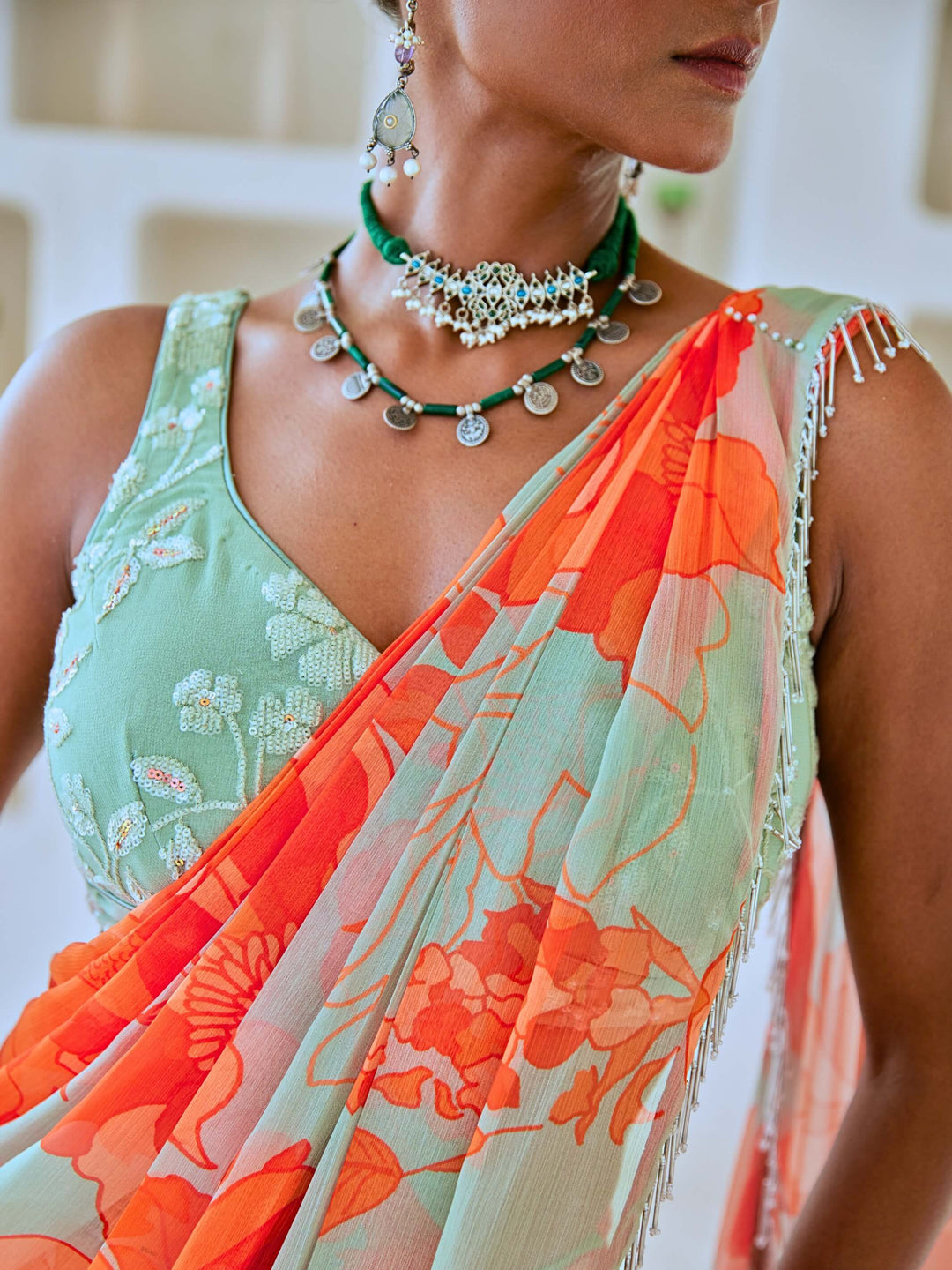 Mint Green Floral Chiffon Draped Saree with Embellished Blouse
