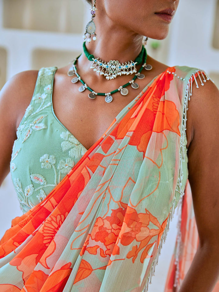 Mint Green Floral Chiffon Draped Saree with Embellished Blouse