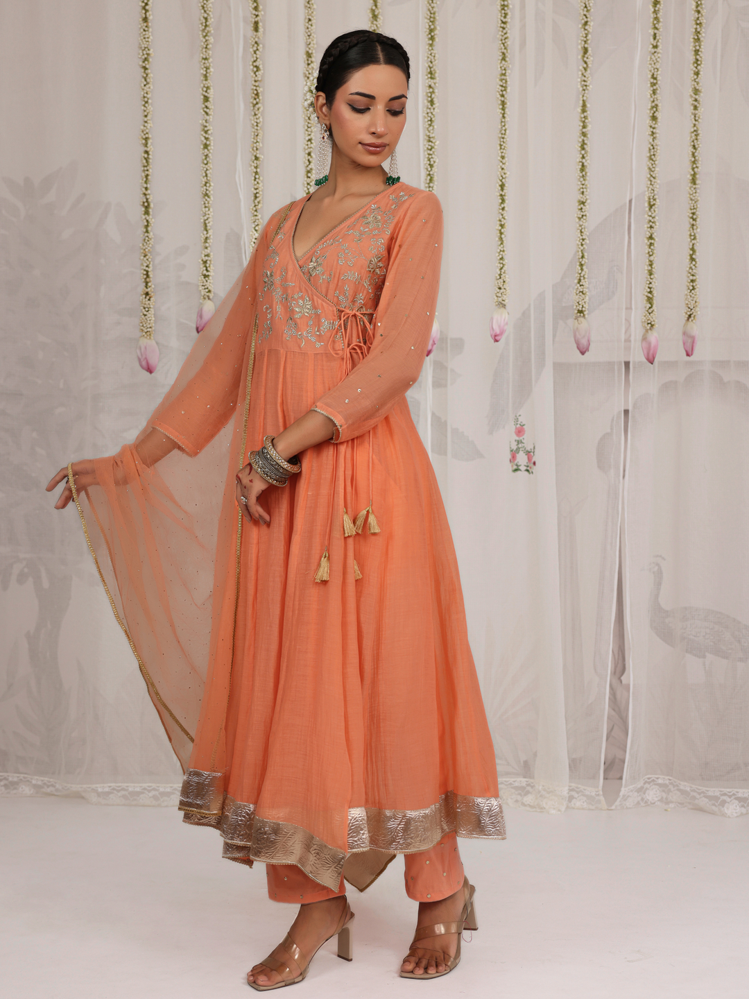Peach Angarakha With Embroidered Yoke
