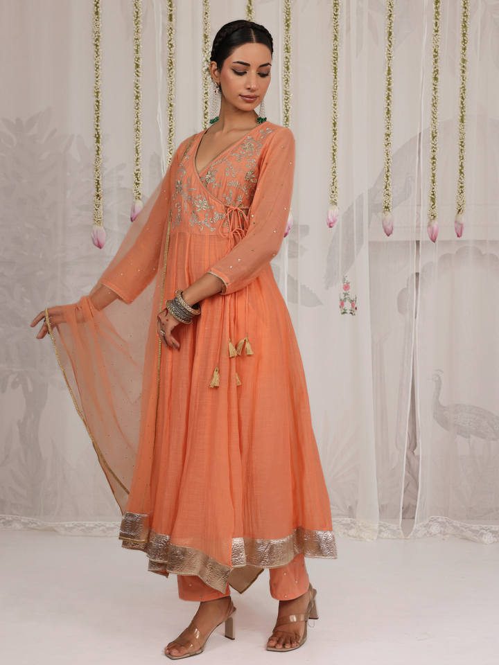 Peach Angarakha With Embroidered Yoke