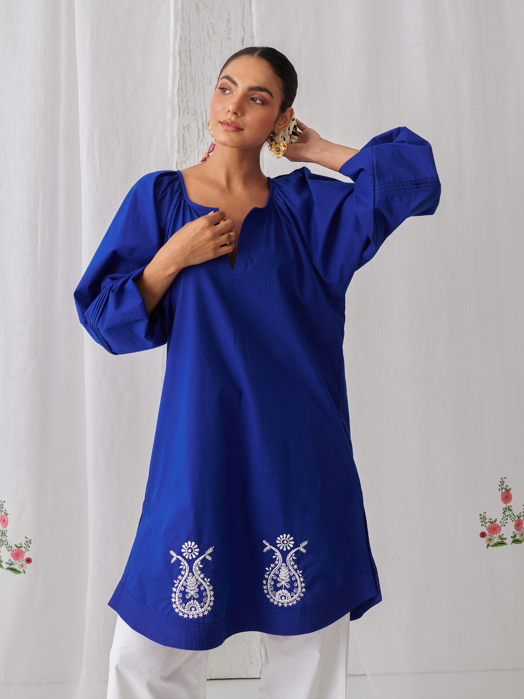 Royal Blue Gathered Short Kurta Paired With Curved  Hem White Pants