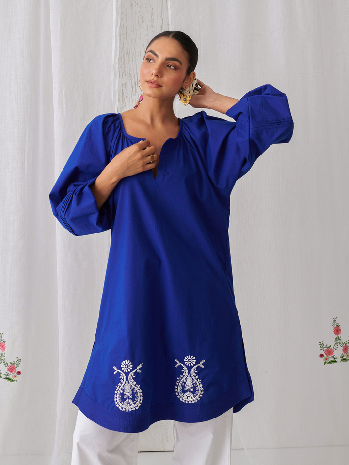 Royal Blue Gathered Short Kurta Paired With Curved  Hem White Pants
