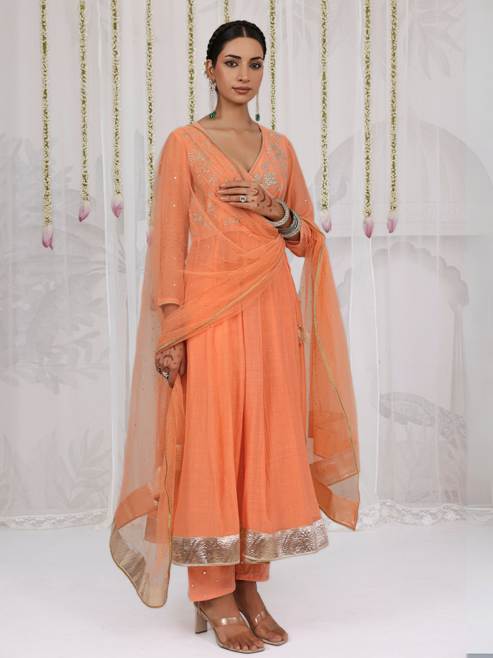 Peach Angarakha With Embroidered Yoke