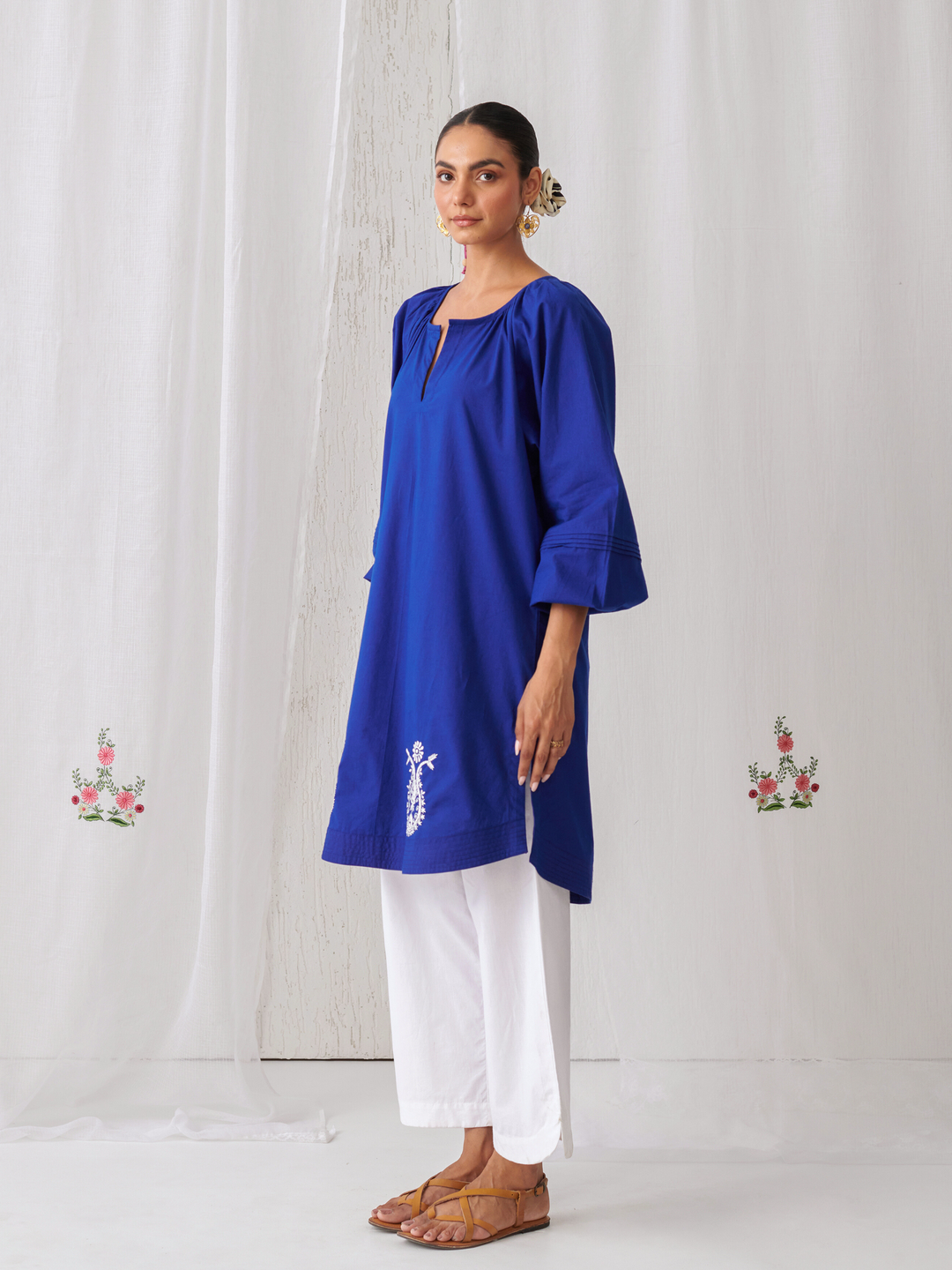 Royal Blue Gathered Short Kurta Paired With Curved  Hem White Pants