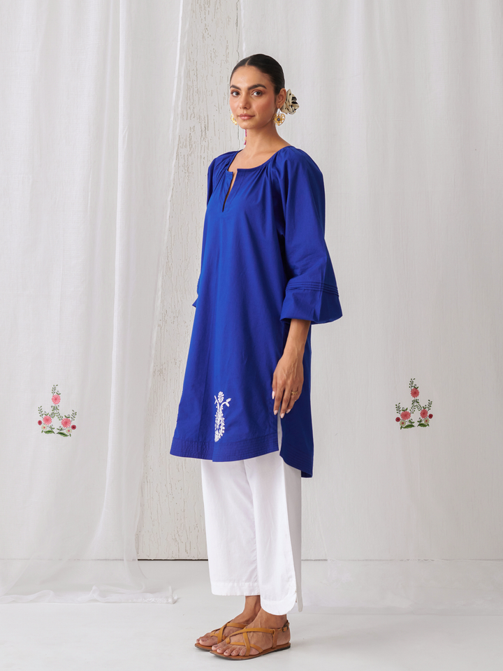 Royal Blue Gathered Short Kurta Paired With Curved  Hem White Pants