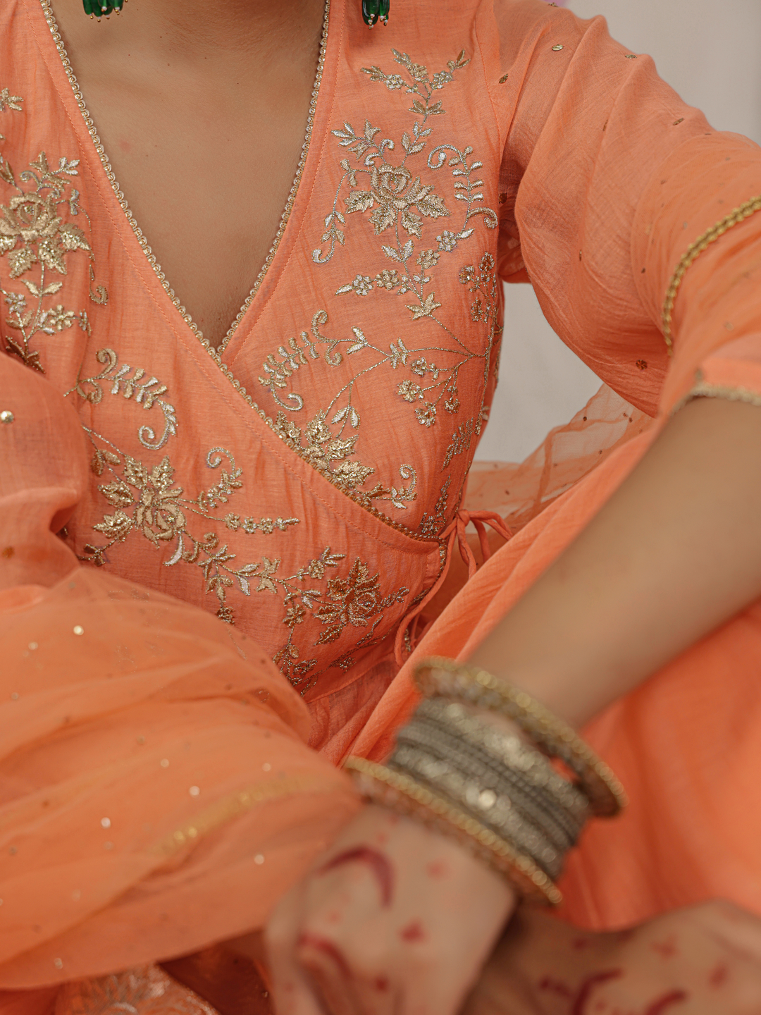 Peach Angarakha With Embroidered Yoke