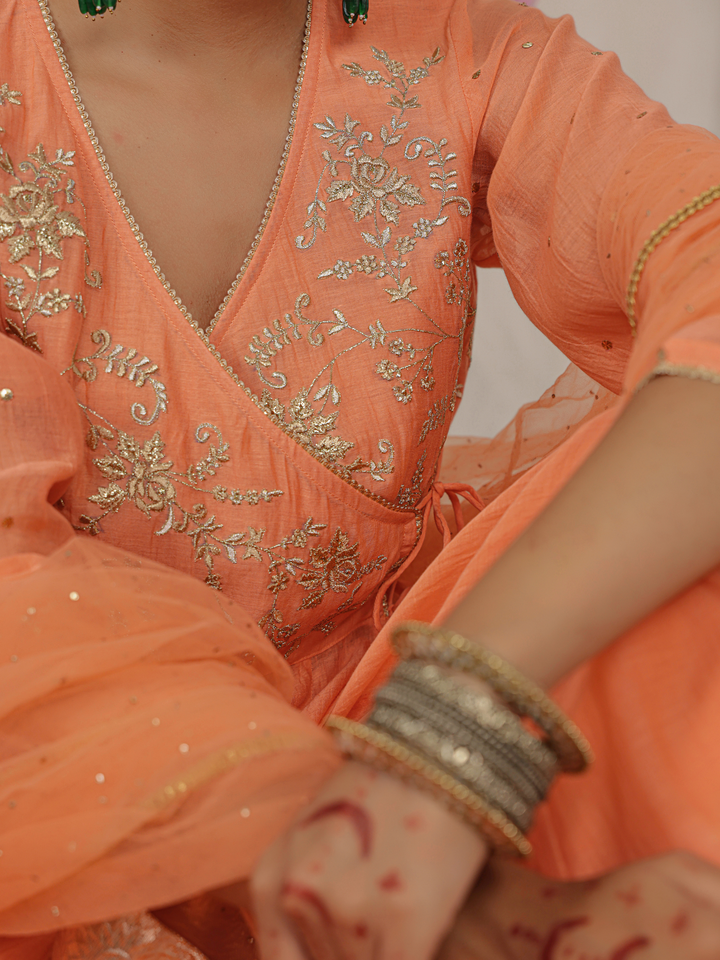 Peach Angarakha With Embroidered Yoke
