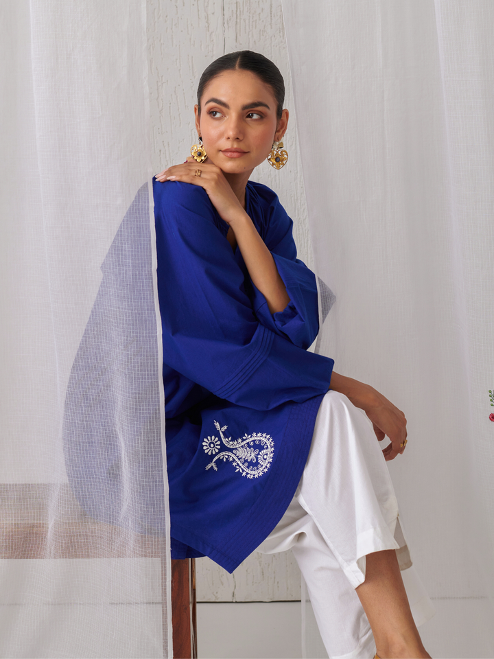Royal Blue Gathered Short Kurta Paired With Curved  Hem White Pants