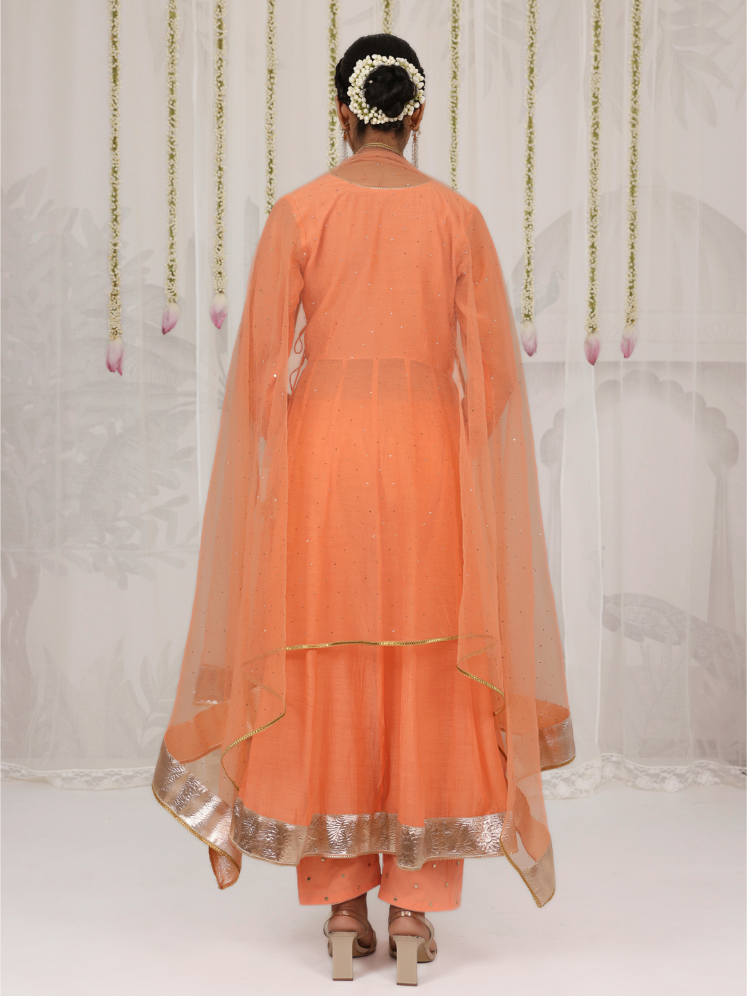 Peach Angarakha With Embroidered Yoke