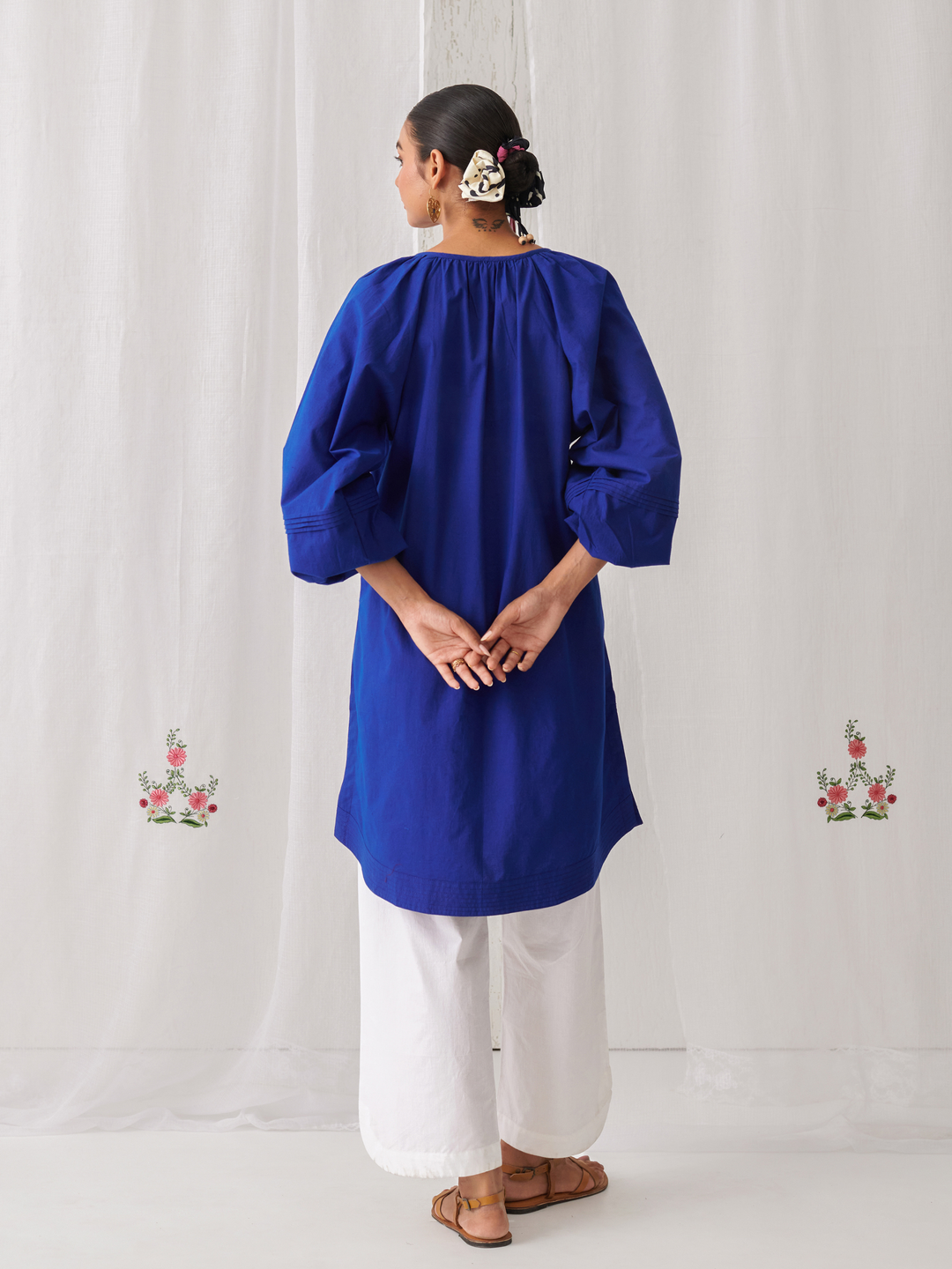 Royal Blue Gathered Short Kurta Paired With Curved  Hem White Pants