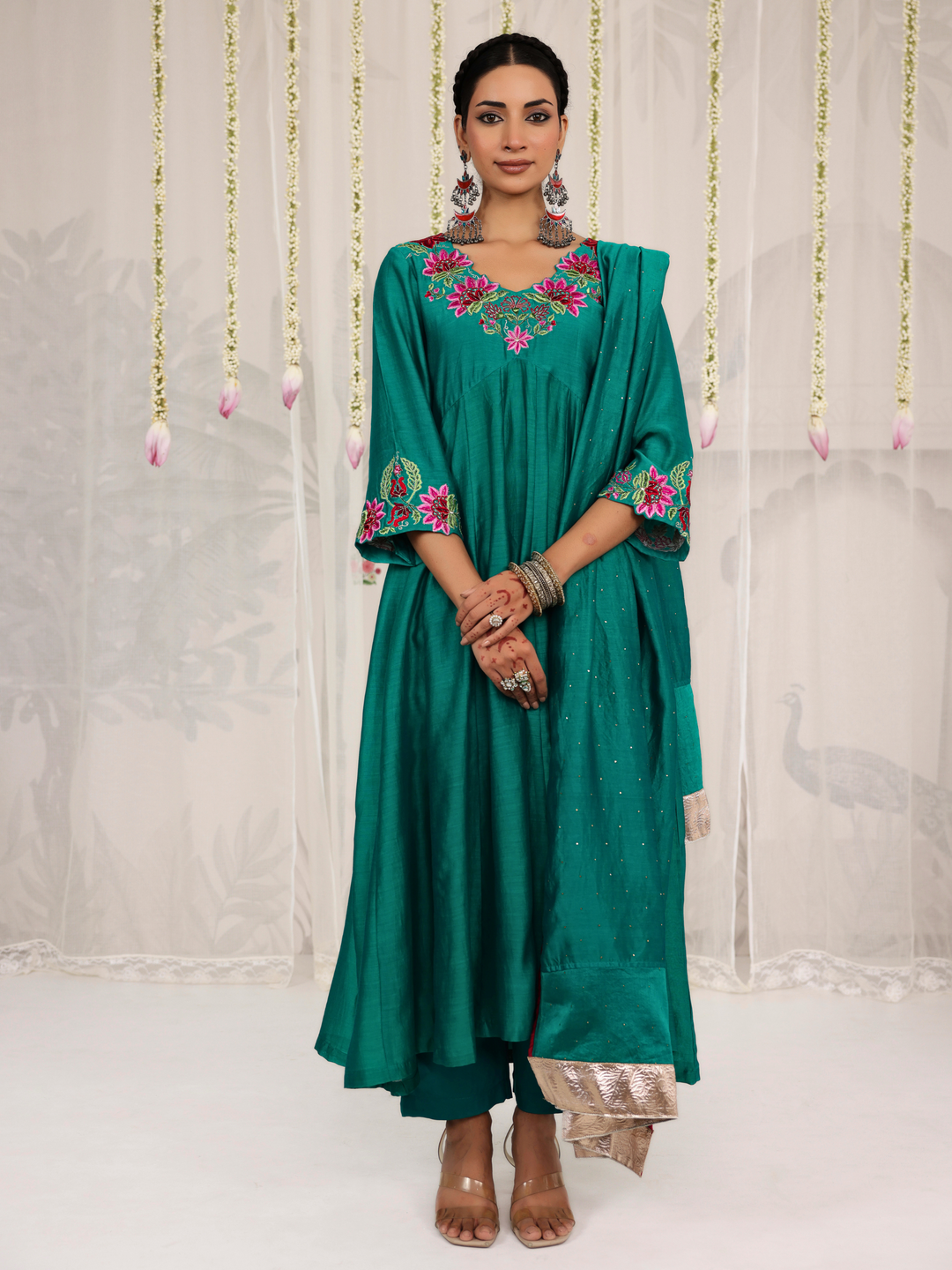 Emerald Green Anarkali With Floral Embroidery Neckline & Sleeve Details