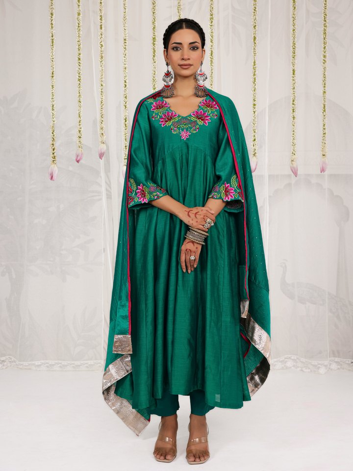 Emerald Green Anarkali With Floral Embroidery Neckline & Sleeve Details