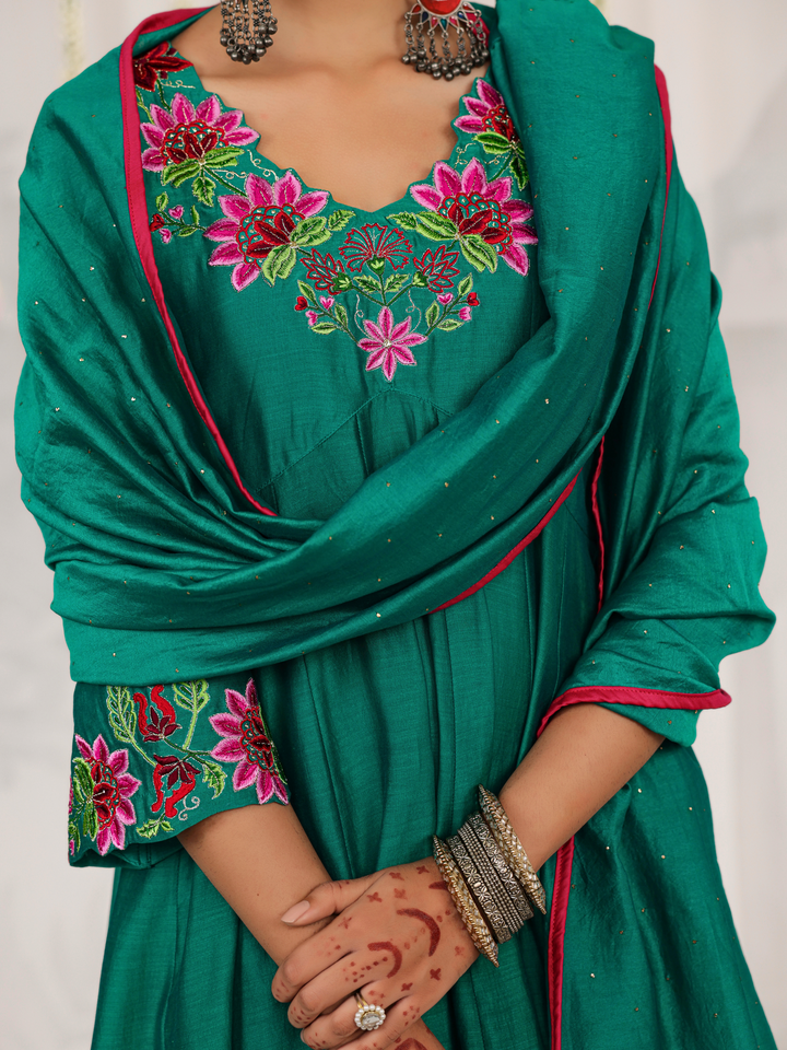 Emerald Green Anarkali With Floral Embroidery Neckline & Sleeve Details
