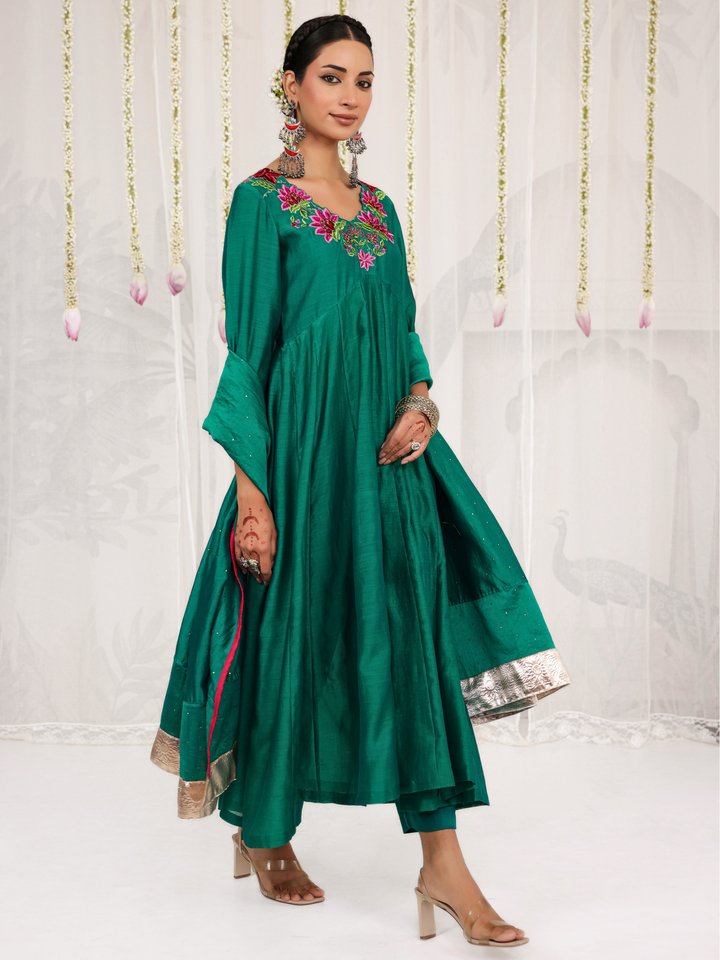 Emerald Green Anarkali With Floral Embroidery Neckline & Sleeve Details