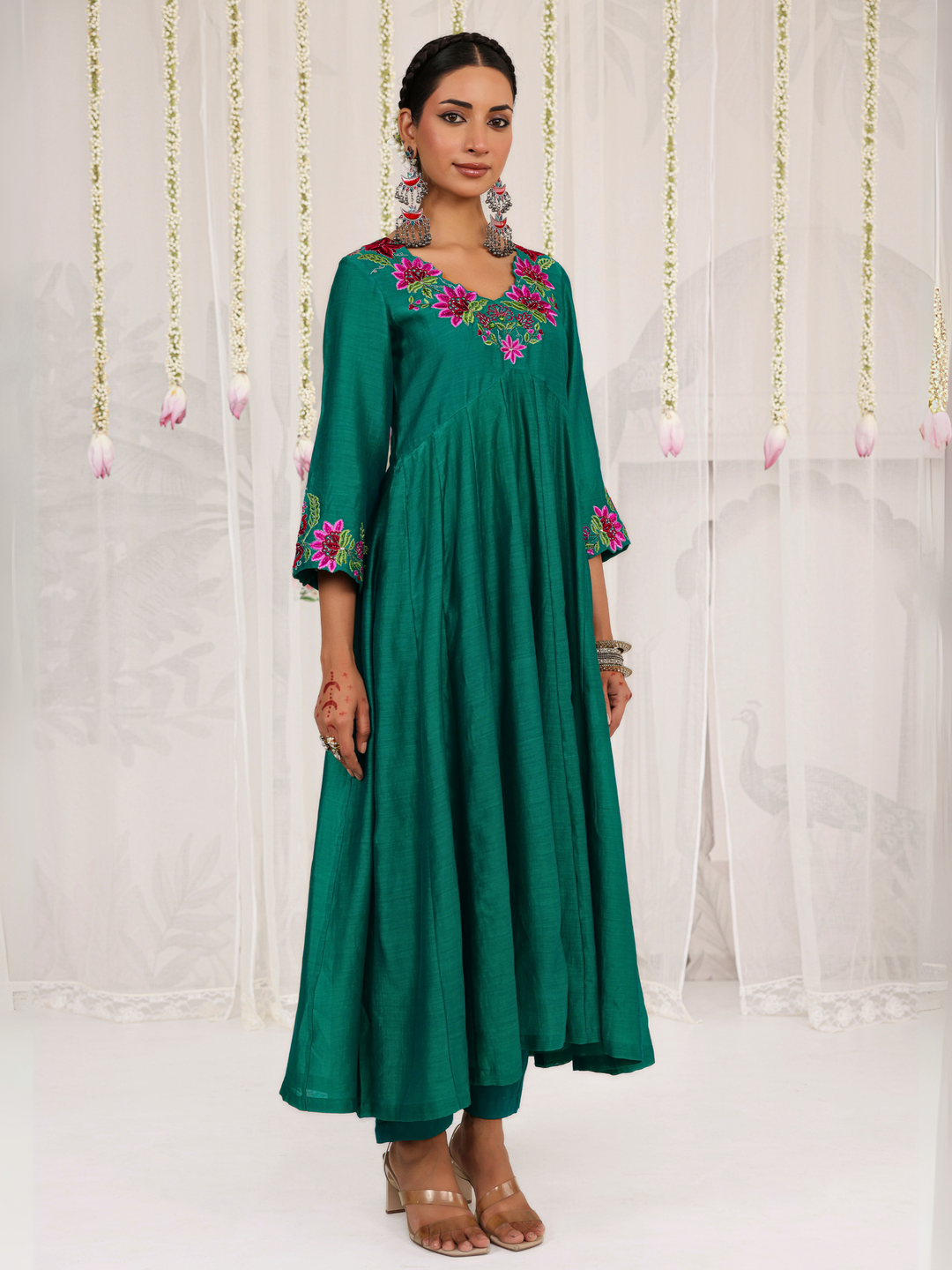 Emerald Green Anarkali With Floral Embroidery Neckline & Sleeve Details
