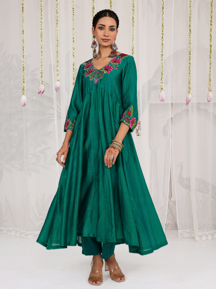 Emerald Green Anarkali With Floral Embroidery Neckline & Sleeve Details
