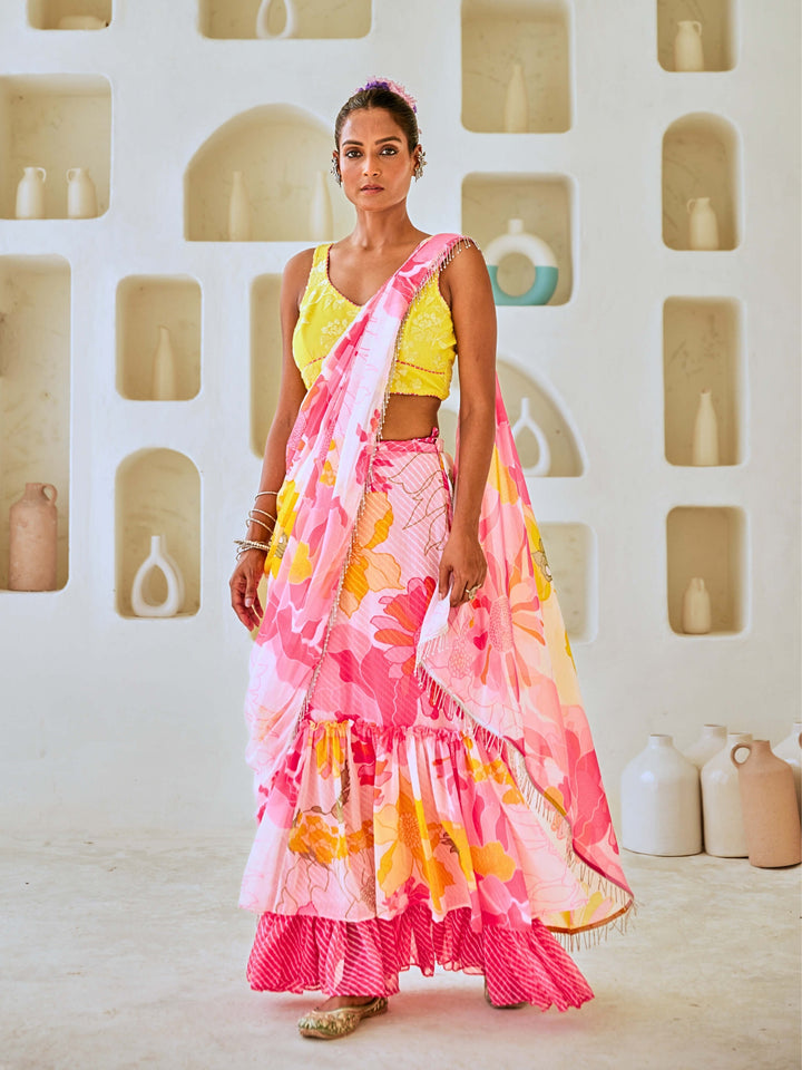 White & Pink Floral Chiffon Draped Saree with Embellished Blouse