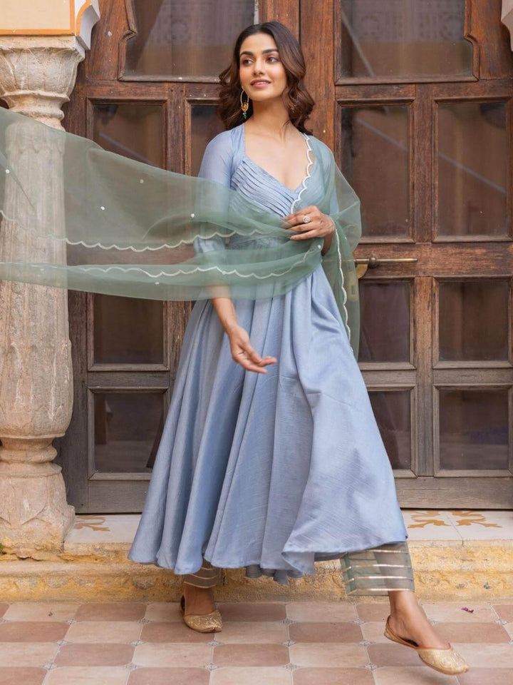 Light Blue Pleated Anarkali Set with Embroidered Dupatta - Myaara