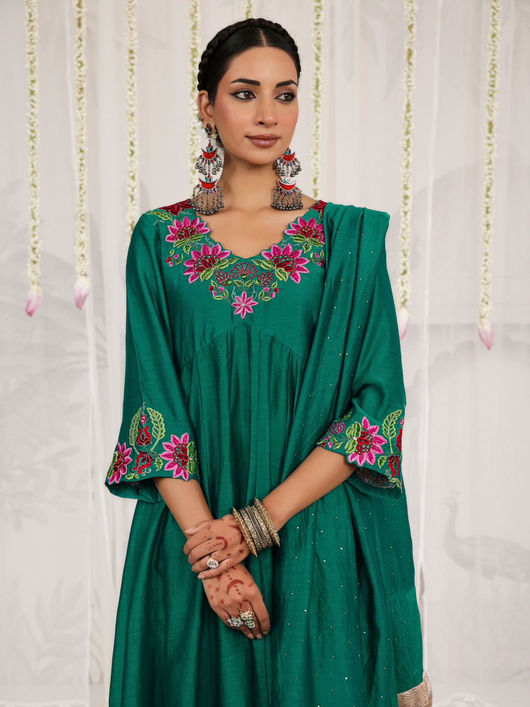 Emerald Green Anarkali With Floral Embroidery Neckline & Sleeve Details
