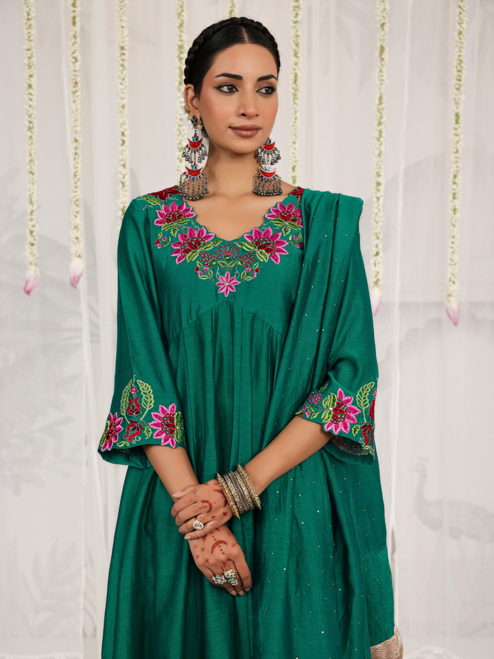 Emerald Green Anarkali With Floral Embroidery Neckline & Sleeve Details