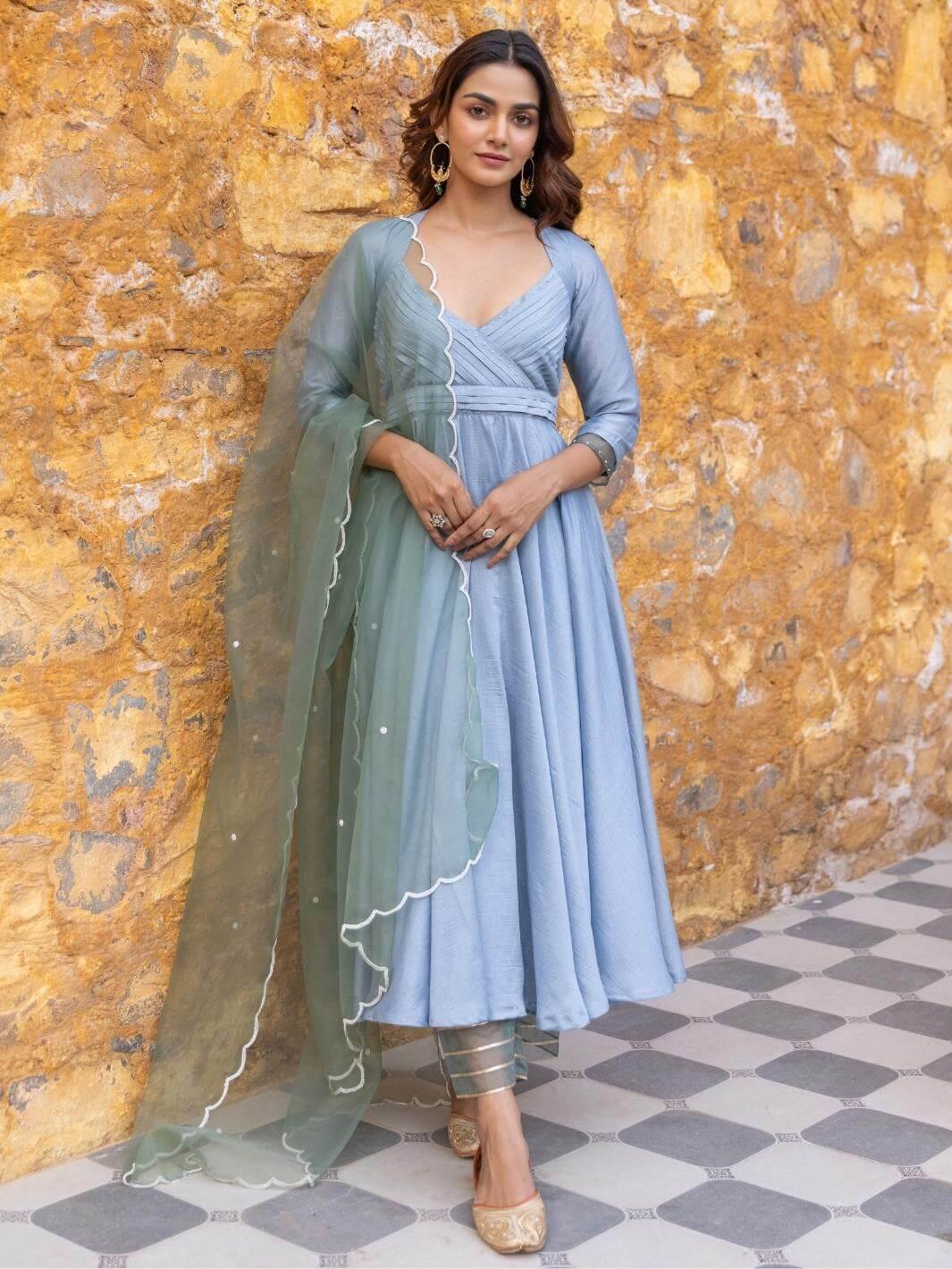 Light Blue Pleated Anarkali Set with Embroidered Dupatta - Myaara