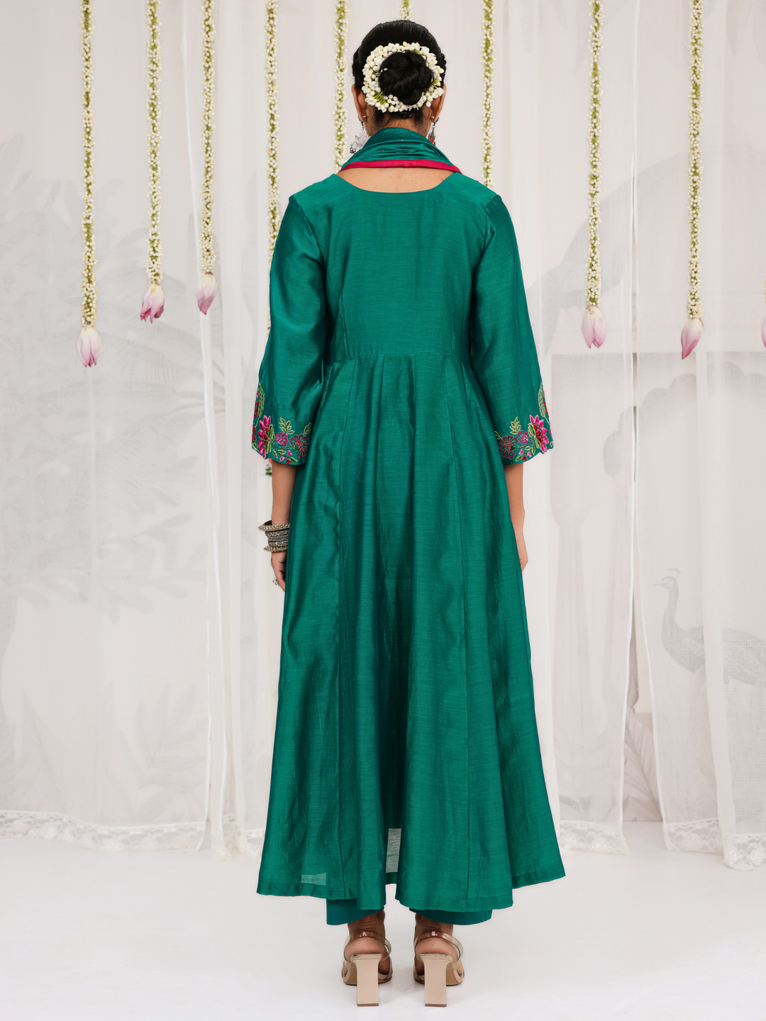 Emerald Green Anarkali With Floral Embroidery Neckline & Sleeve Details