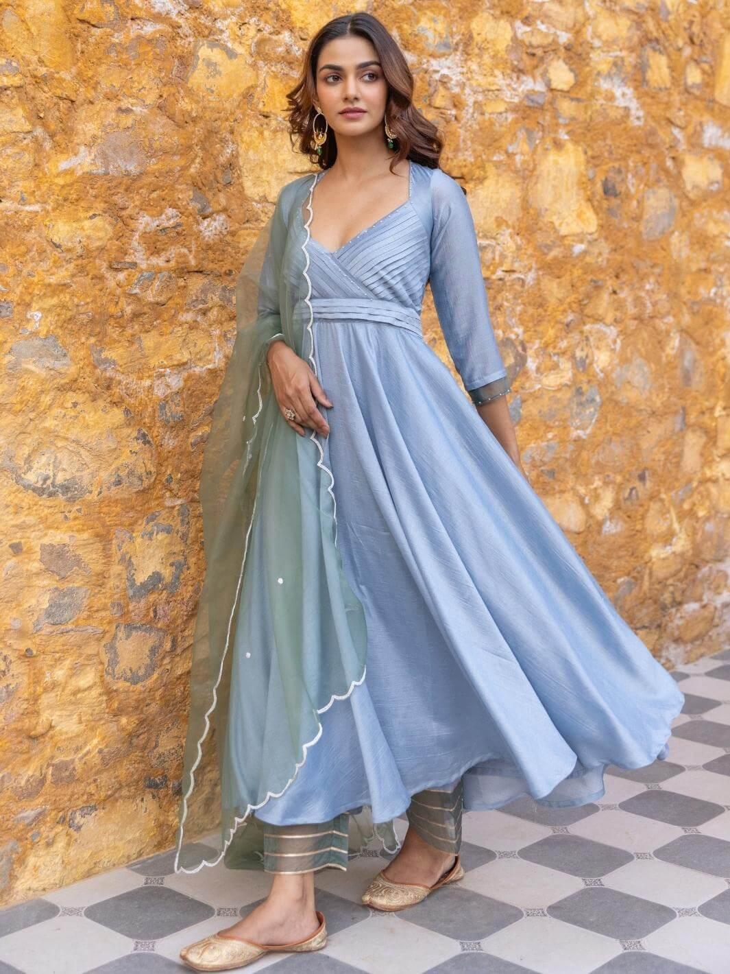 Light Blue Pleated Anarkali Set with Embroidered Dupatta - Myaara