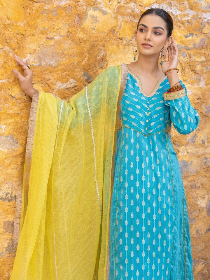 Turquoise Blue Embroidered Zari A-Line Kurta Set with Dupatta - Myaara