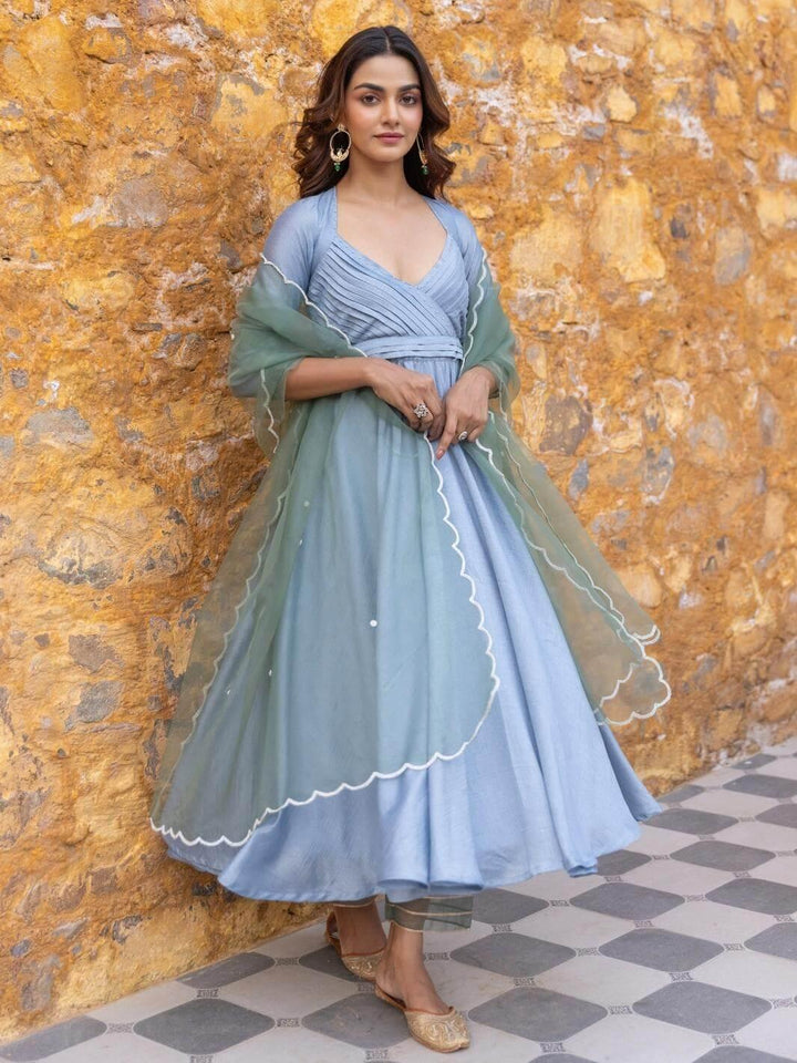 Light Blue Pleated Anarkali Set with Embroidered Dupatta - Myaara