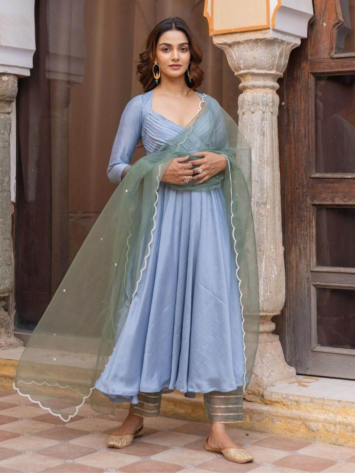 Light Blue Pleated Anarkali Set with Embroidered Dupatta - Myaara