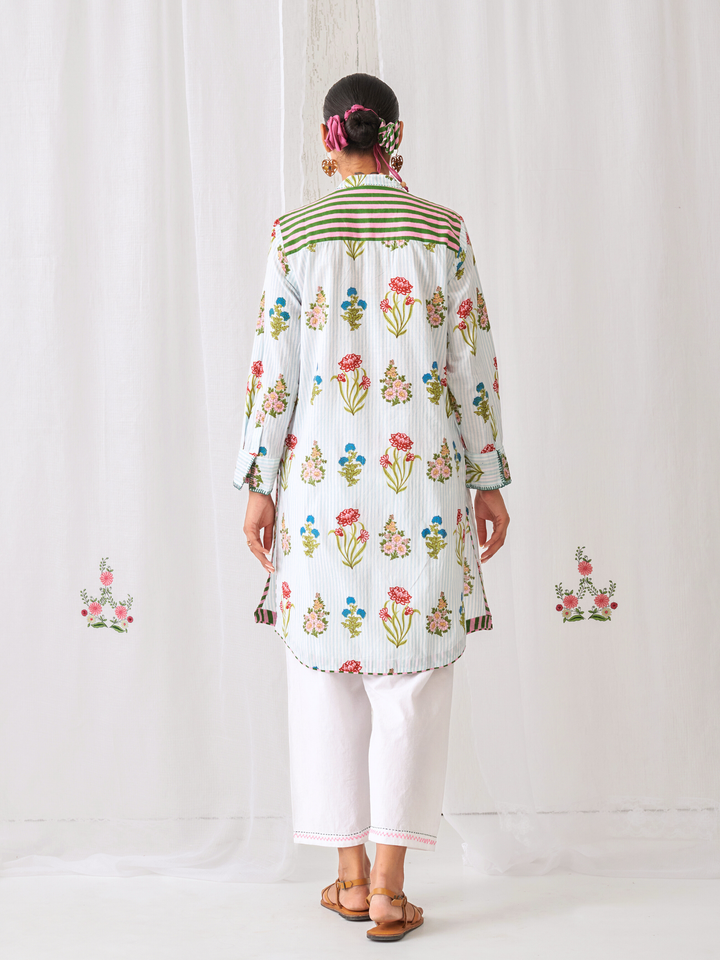Aqua Floral Short Kurta With Band Collar Paired With White Straight Pants