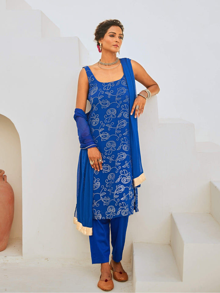 Royal Blue Mukaish Georgette Kurta Set with Chiffon Dupatta